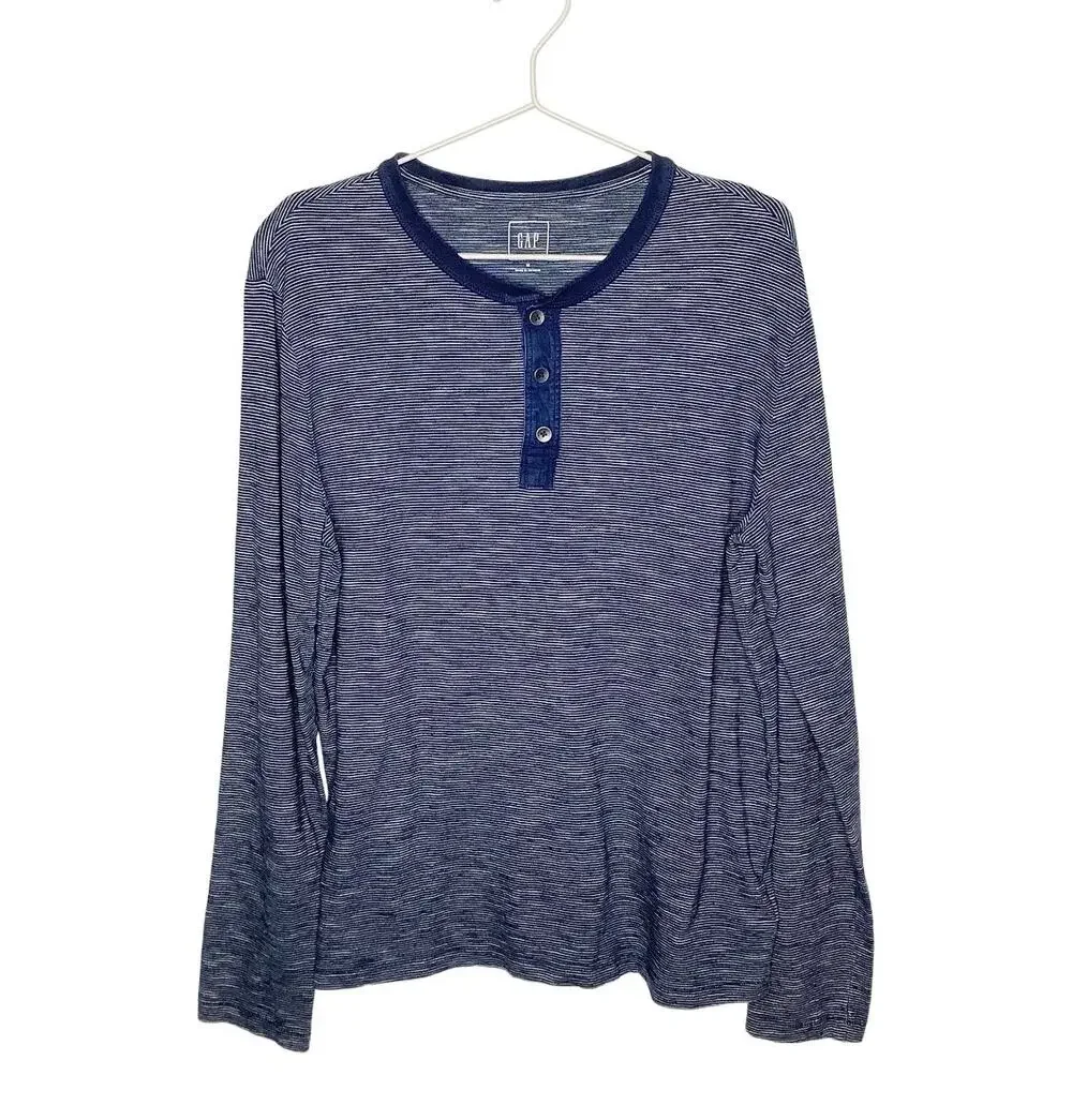 Gap Blue Striped Long Sleeve Henley Shirt Medium